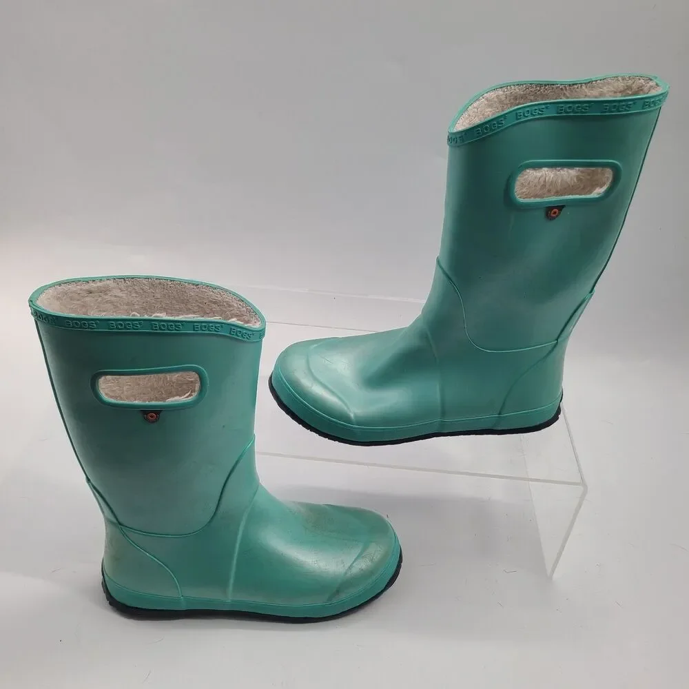 Bogs Youth Metallic Green Rain Boots Shoes Size 6 Faux Fur 72507-441